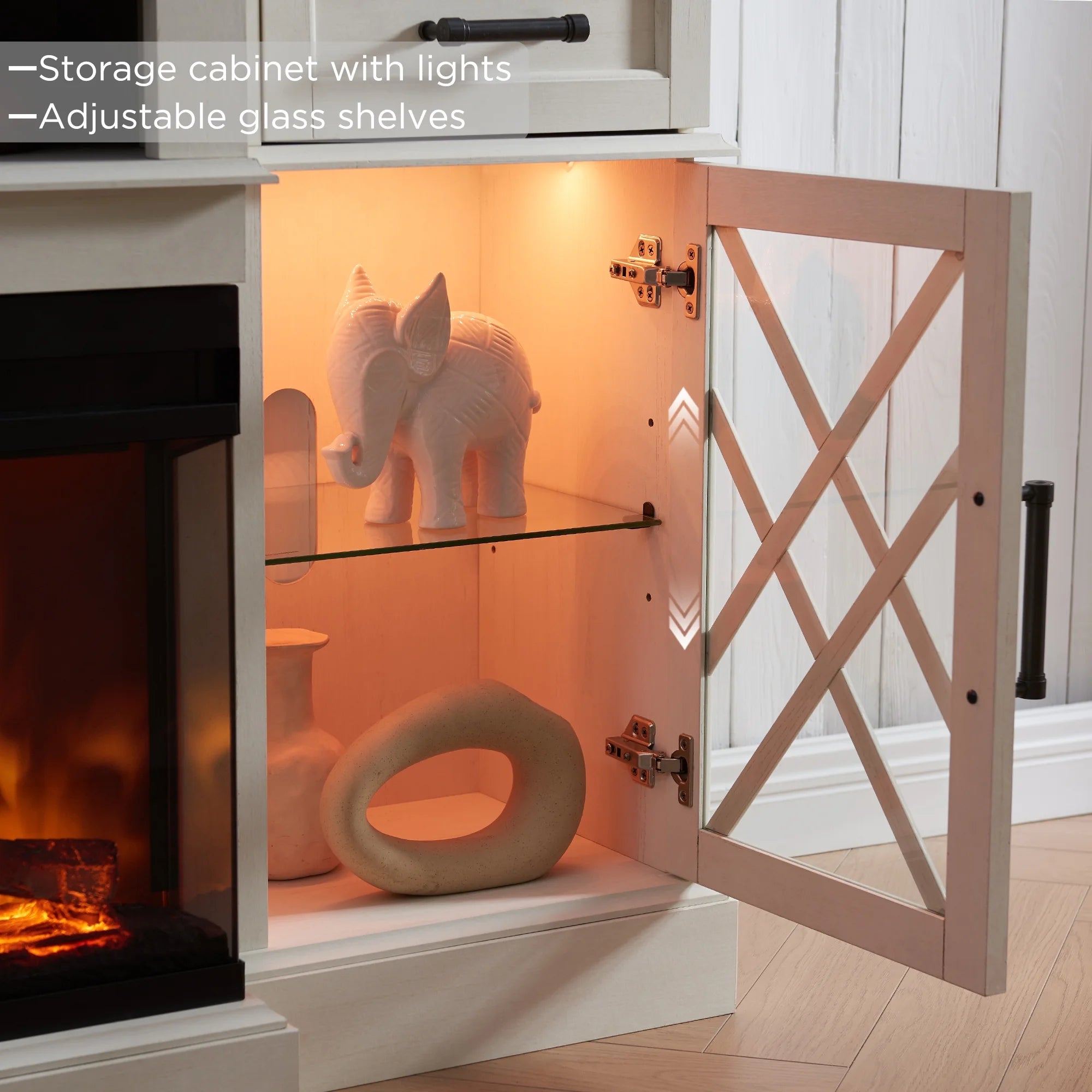 Farmhouse 3-Sided Fireplace TV Stand for 80" Tvs, 70" Entertainment Center with Electric Fireplace and Storage Drawers, Antique White