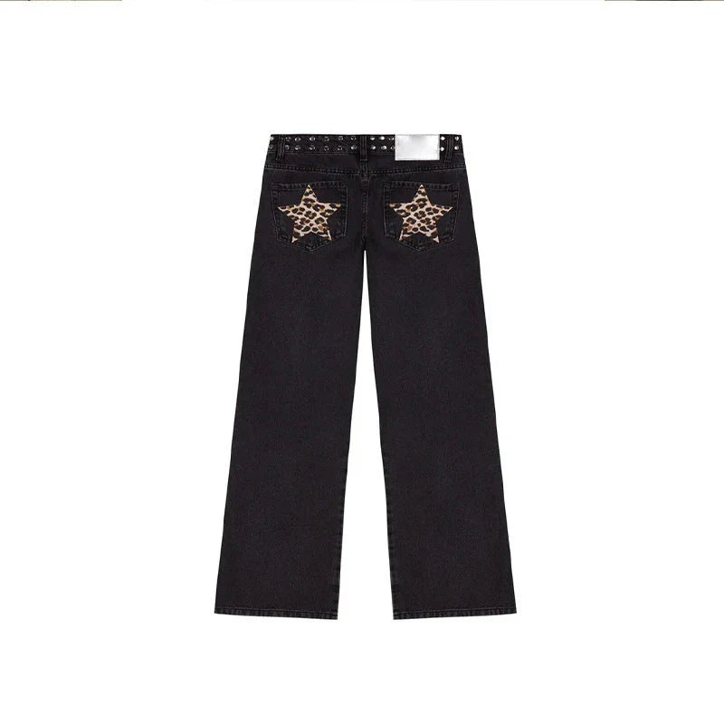 Leopard Print Five-Pointed Star Deconstructing Jeans for Women