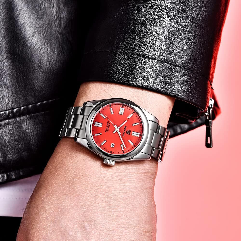 BENYAR Men'S Watch Waterproof Sports Mechanical Watch Stainless Steel Strap Men'S Mechanical Wrist Watch (Steel Red)…
