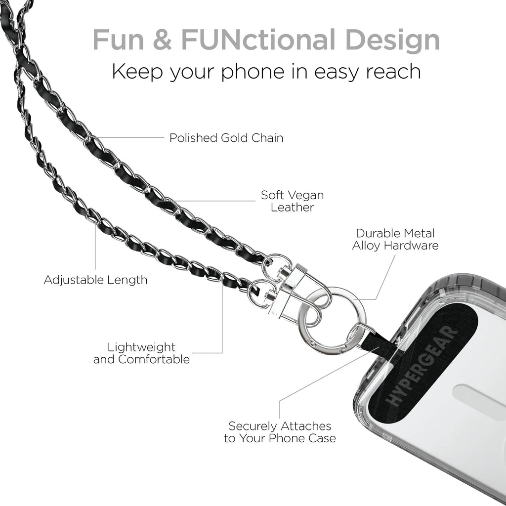 Hypergear Techcessories Silver Chain with Black Vegan Leather Universal Crossbody Phone Strap