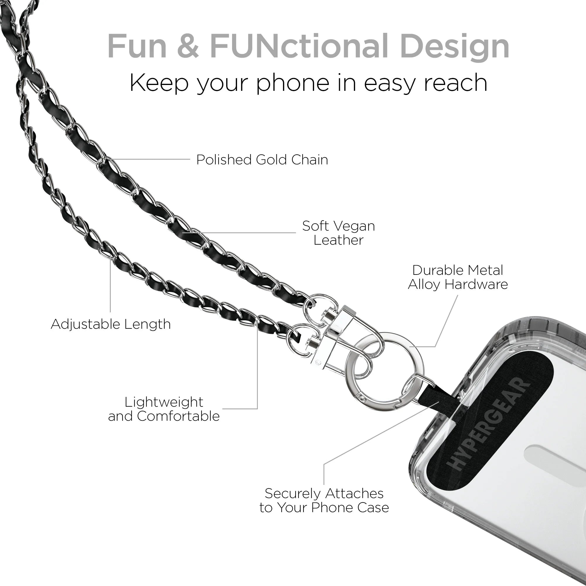Hypergear Techcessories Silver Chain with Black Vegan Leather Universal Crossbody Phone Strap