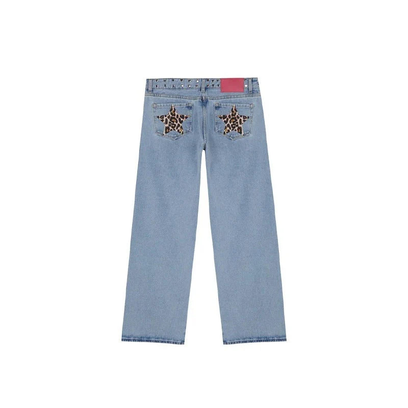 Leopard Print Five-Pointed Star Deconstructing Jeans for Women
